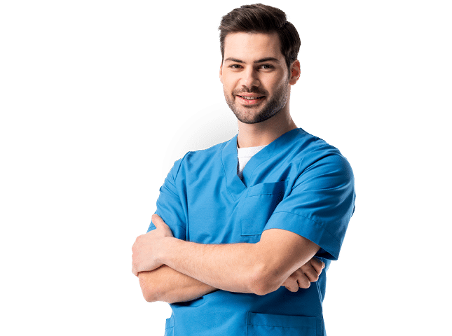 A smiling male nurse happy with his healthcare staffing position